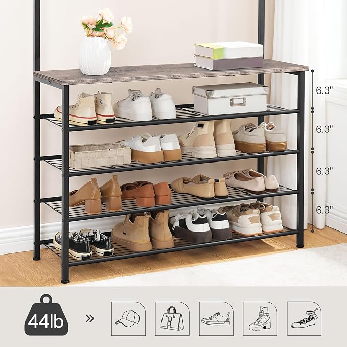 HOOBRO Hall Tree, Coat Rack with Shoe Rack, 39.4" Hall Tree with Bench, 5 Tier Shoe Storage Organizer with 9 Hooks for Entryway, Closet, Sturdy, Industrial, Greige and Black BG801MT01