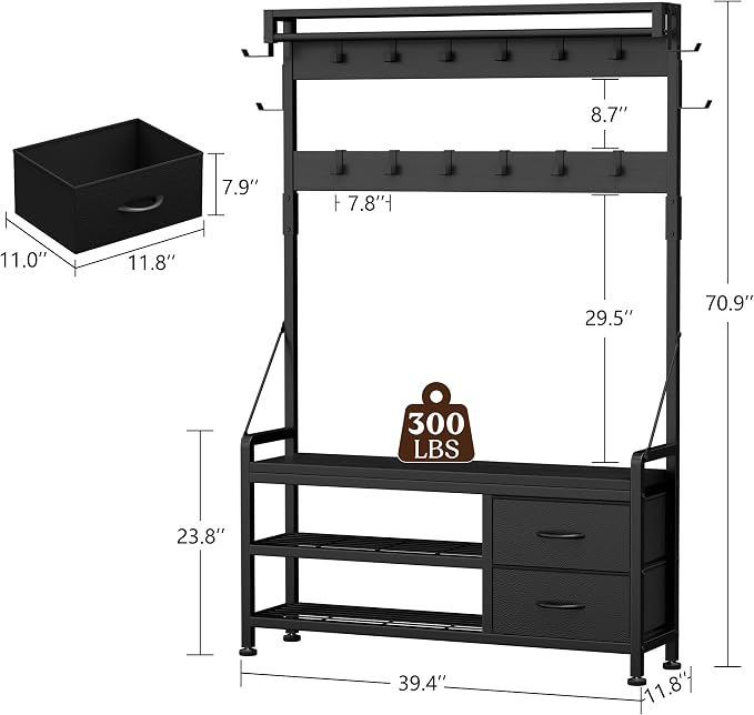 Lulive Hall Tree with Bench and Shoe Storage, 39.4” Entryway Bench with Coat Rack freestanding, 5 in 1 Entryway Furniture Organizer Large Coat and Shoe Rack with 21 Hooks and Drawers, Black