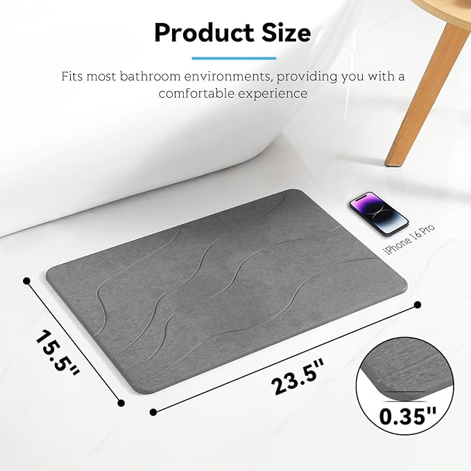 Stone Bath Mat, Dries Quickly, Non-Slip Diatomaceous Earth Stone Bath Mats for Bathroom, Super Absorbent Stone Shower Mat, Easy to Clean, 23.5" x 15.5" Dark Gray-Wave