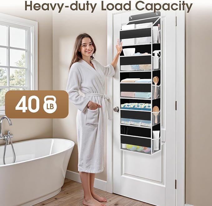 SpaceHacks 2 Pack Over The Door Organizer, Hanging Storage Organizer with Clear Window, 40lb Ultra Sturdy Large Capacity Room Organizer for Pantry Laundry Bathroom Nursery Closet (Black)