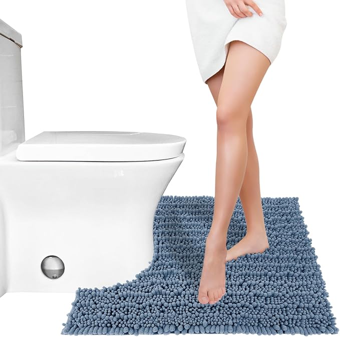 Yimobra Toilet Rug U Shaped Washable 24x24 Inch - Ultra Soft Absorbent Chenille Bath Rugs for Toilet, Quick Dry & Machine Washable, Non Slip Contour Bathroom Mat, Denim Blue