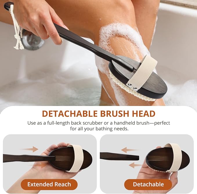 Dry & Wet Brushing Body Brush, Natural Boar Bristle Back Scrubber for Shower with Detachable Handle, Exfoliating Brush for Lymphatic Drainage, Improved Circulation & Smooth Skin