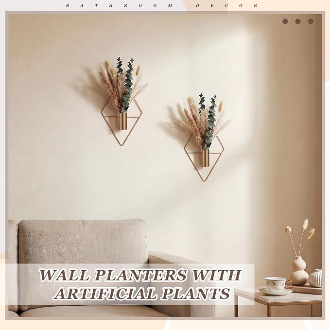 Jexine 4 Pcs Hanging Planters with Artificial Pampas Metal Hanging Vase Indoor Plants Holder Modern Geometric Boho Bathroom Wall Decor for Living Room Home Office, Antique Copper