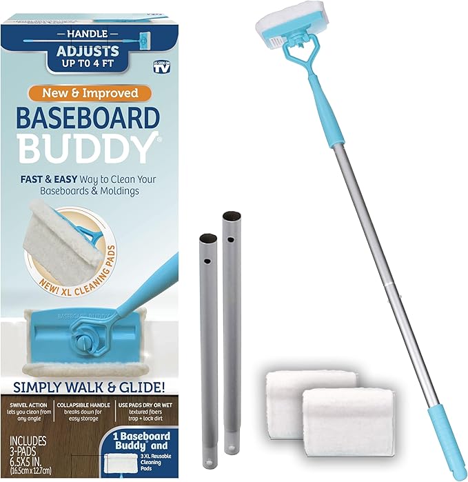 Baseboard Buddy | Lightweight Home Cleaning Essential, Perfect for Baseboards, Moldings & Walls, Glide & Wipe Trapping & Locking Dirt & Dust | As Seen on TV, (1 Baseboard Buddy & 3 Reusable Pads)