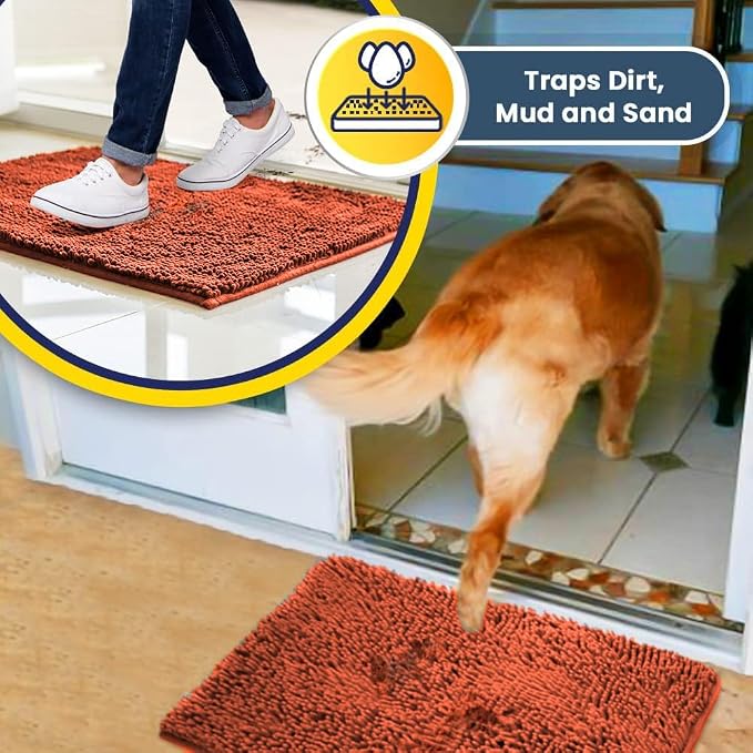 Muddy Mat® | Super Absorbent Door Mat Indoor, Microfiber Quick Dry Chenille Entryway Rug, Non-Slip Front Door Mat, Indoor Mats for Entryway, Machine Washable Pet Rug, Orange 30"x19"