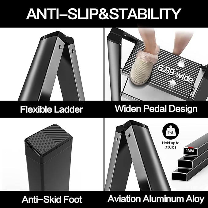 2 Step Ladder, Aluminum Folding 2 Step Stool with Anti-Slip Sturdy and Wide Pedal, Lightweight Portable Stepladder for Home and Kitchen Use Space Saving, Black, 330 lbs