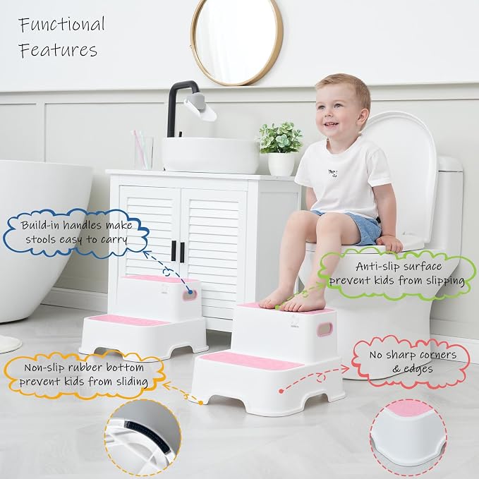 Harwaya Pink Toddler Step Stool for Bathroom Sink 2 Pack, Kids Step Stools for Girls Toilet Potty Training, Plastic Stepping Stool for Toddlers Child Kid Kitchen Bedroom (Included Two Faucet Extender)