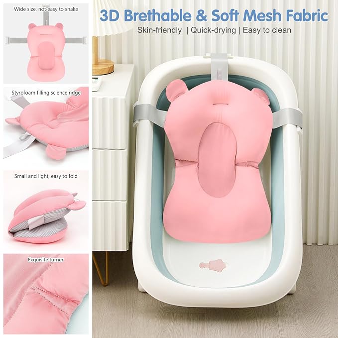 Colorlife Baby Bath Seat Support Net Infant Bathing Seat Support Mat, Comfortable Adjustable Non-Slip Three-Pointed Baby Shower Net Bathtub Sit Up Mesh for Newborn 0-12 Months-Pink(No Bathtub)