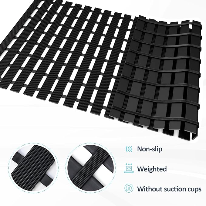 Black Weighted Non Slip Bathtub Mat Without Suction Cups,Textured TPE Bath Mat for Textured Tub & Shower Surfaces,Doesn't Float, Works on Tile and Stone(33.8”x 17”)