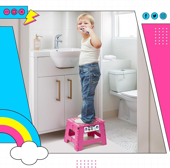 Delxo Folding Step Stool 9 inch Non-Slip Foldable Toddler Stools Up to 300 LBS Kids Step Stool with Handle Lightweight for Kitchen, Bathroom, Bedroom, Garden, Rose Pink, 1PC