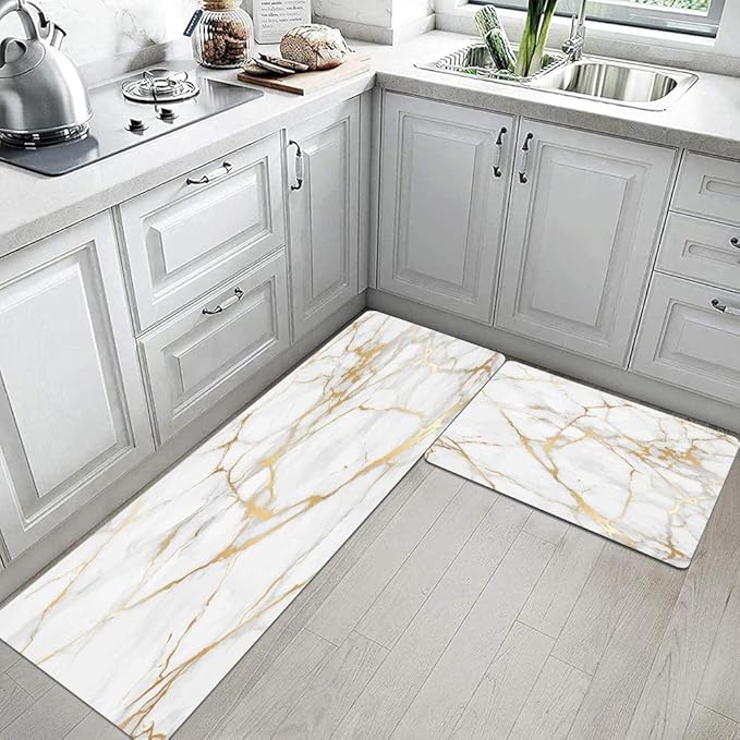 Mrcrypos Gold White Kitchen Rugs Cushioned Anti Fatigue 2 PCS Marble Kitchen Mats PVC Non Slip Waterproof Kitchen Mats for Floor Sink Laundry Office