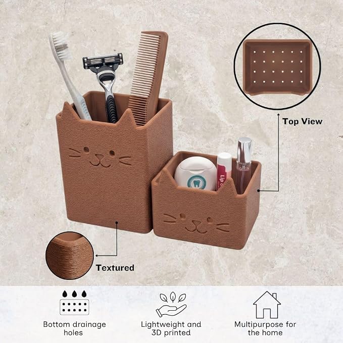 Office Desk Accessories, Set of 2 Pencil Cups, Cute Cat Pen Holder, Cute Desk Decor, Bathroom Organizer, Toothbrush Holders with Drainage, Makeup Brush Organizer, Cat Lover Gifts (Brown)