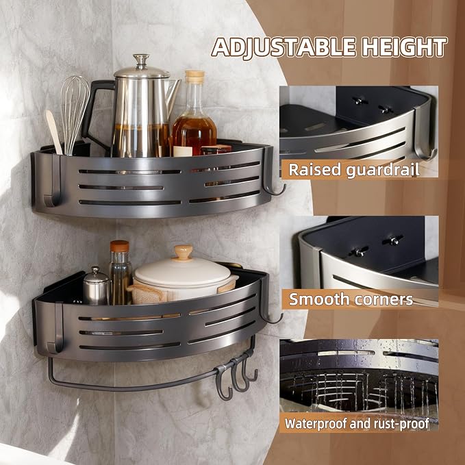 Corner Shower Caddy,Adhesive Shower Caddy,No Drilling Bathroom Organizers And Storage,Bathroom Corner Shower Shelves,Shower Caddy Adhesive Pad With Towel Bar Hooks（2-Pack,Matte Gray）