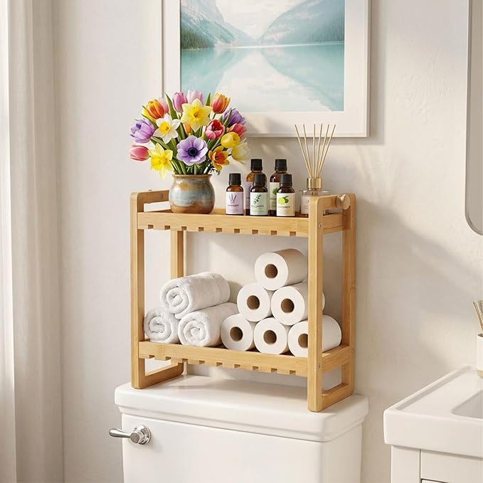 ShellKingdom Over The Toilet Storage Shelf, 2 Tier Toilet Paper Holder Stand Shelves, Punch-Free Bathroom Storage Rack, Small Space Organizers for Bathroom, Home, Countertop