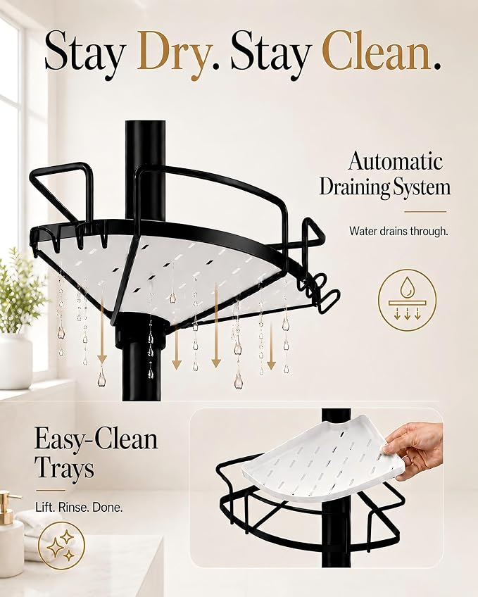 ALLZONE Corner Shower Caddy Tension Pole, 4 Hang-On Basket with Mixed-Height Shelves for Various Bottle Sizes, Extra Hooks & Soap Holder, Rustproof Stainless Steel, Fits 34–116 Inch, Black/White