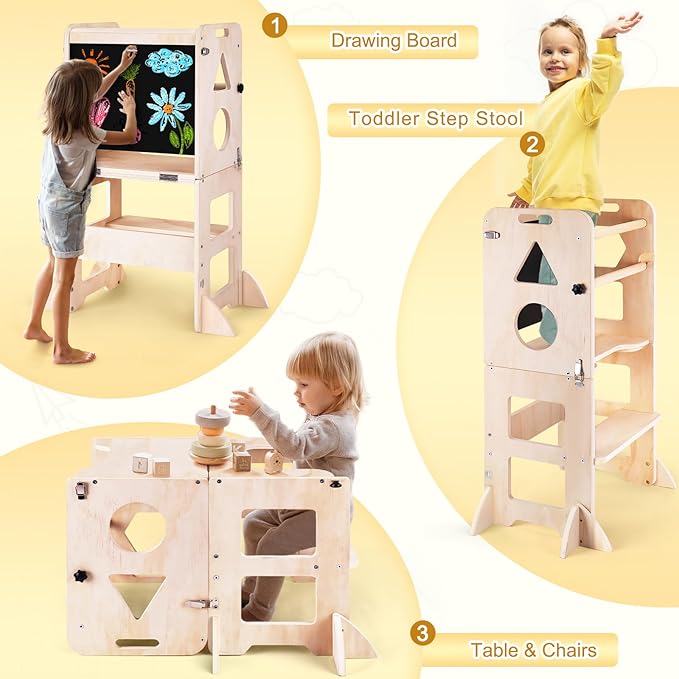 Woodure 3-in-1 Toddler Kitchen Step Stool, Foldable Learning Standing Tower with Blackboard, Wooden Kitchen Stool Helper for Kids