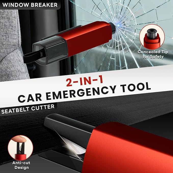 4PCS Window Breaker Seatbelt Cutter Car Safety Hammer, 2-in-1 Glass Breaker and Seat Belt Cutter with Test Glass, Underwater Emergency Escape Tool for All Vehicles (Red)