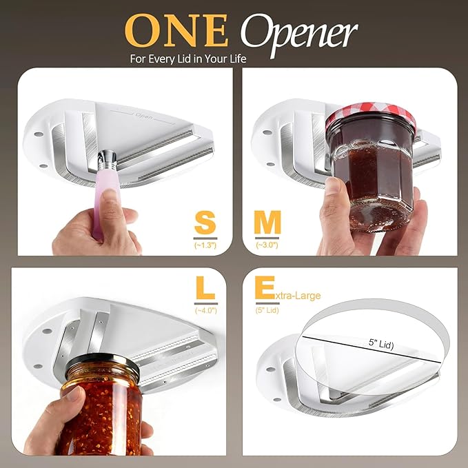 Mount-on Cabinet Jar Opener for Weak Hands,Seniors with Arthritis,Double U Shaped Grooves Grip Bottle Opener for Any Size Lid,304 Stainless Steel One-Handed Can Opener Tool for Home Assistance,White