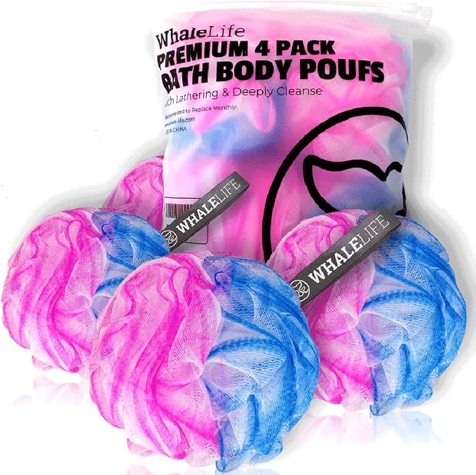 Loofah Sponge Bath Sponge for Women Men 4 Pack (Blue Pink Conbine)