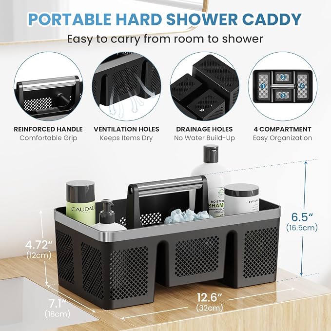 BYUNER 2Pack Plastic Shower Caddy: Portable Hard Bathroom Basket Tote with Handle, 4 Divided Compartments, All-Side Drainage, Non-Mesh Shower & Cleaning Caddy Organizer for College Dorm, Black/Silver