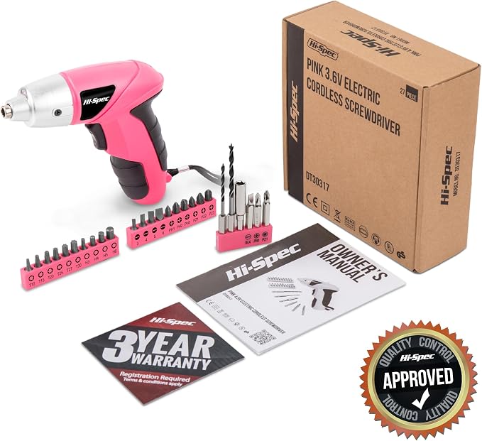 Hi-Spec Small Electric Screwdriver, Mini Drill Set, Rechargeable 3.6V Cordless Screwdriver with 26 Driver Bits, Power Tool for Small Projects & Home Use, Pink