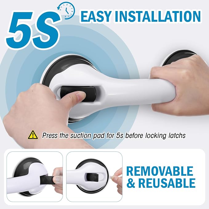 AceOrbit 6 Pack 12 Inch Shower Grab Bars for Bathtubs and Showers Suction Cup Shower Handles for Seniors Elderly Handicap Safety Handrails Removable No Drilling Heavy Duty Bathroom Grips(Black)