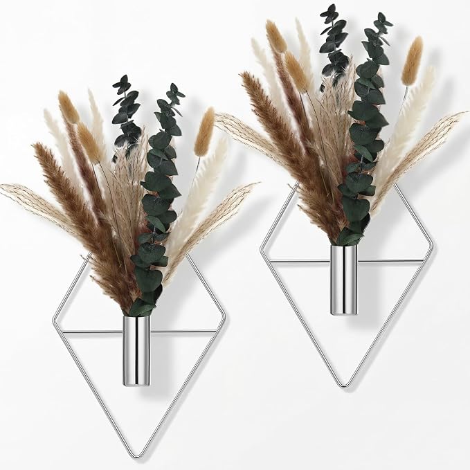 Jexine 4 Pcs Hanging Planters with Artificial Pampas Chrome Silver Metal Hanging Vase Indoor Plants Holder Modern Geometric Boho Bathroom Wall Decor for Living Room Home Office
