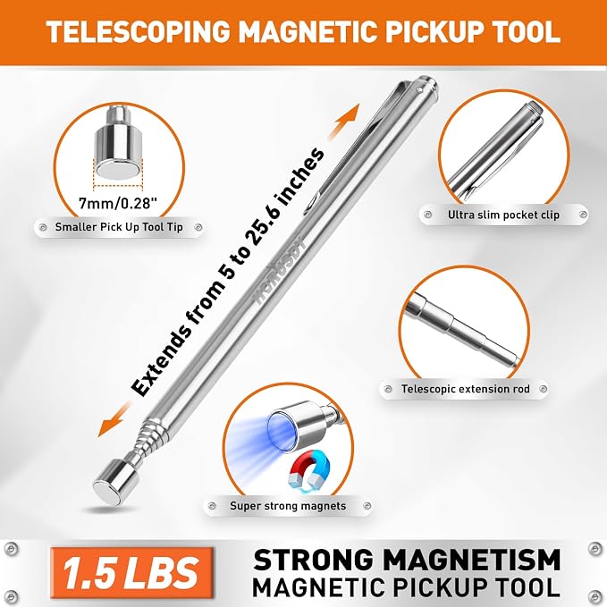 HORUSDY 4PCS Telescoping Magnetic Pick Up Tool Kit, Magnetic Sweepers Set with 360° Inspection Mirror, 2 Telescoping Magnetic Pickup Tools (5–25.6/6.9–29.5 in) & 24 in Flexible Claw Grabber