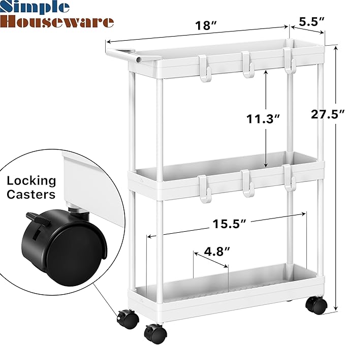 Simple Houseware 3-Tier Slim/Narrow Storage Cart with Handle, 5.5'' Wide x 27.5'' Height Rolling Organizer for Kitchen, Bathroom, Laundry Room - White