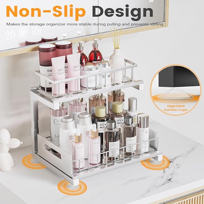 Under Sink Organizer, Heavy Duty Metal Pull Out Cabinet Organizer Slide Out Sink Shelf Organizer Height Adjustable, Multi-Purpose Storage Shelf for Kitchen Bathroom(Sliver,2Pack)
