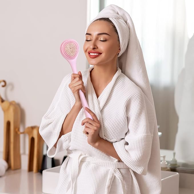 BEDELITE Back Scrubber for Shower, Soft Bath Brush Long Handle for Men & Women(16.4 Inches), Anti Slip Body Scrubber Exfoliator for Cleaning(Pink)