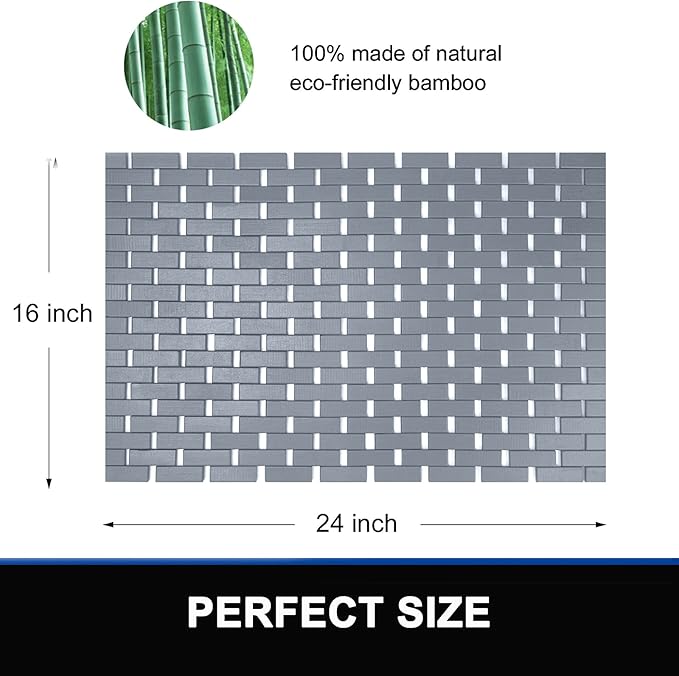 Bamboo Bath Mat Bathroom Rugs Floor Wood Shower Bathtub Waterproof Non Slip Grey Accessories 16x24 Inch Easy to Clean, 2 pcs