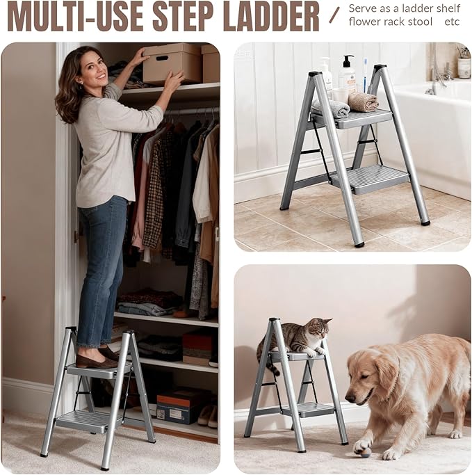 XinSunho 2 Step Ladder, Folding Step Stool with Anti-Slip Wide Pedal, Portable Sturdy Steel Ladder 2 Steps, 330lbs Safety Kitchen & Household Ladder
