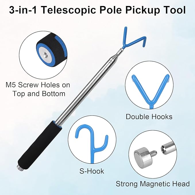 Telescoping Pickup Tool Magnetic Pole with 2 Hooks & Magnet, 300cm/10ft Extendable Push Pull Rod Grabber Wire Reacher Disc Golf Retriever for Hard-to-Reach Areas