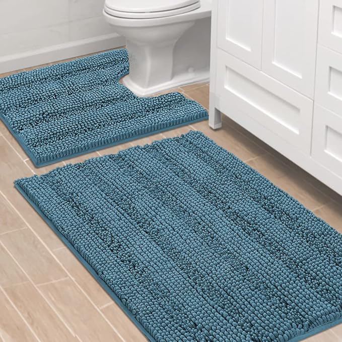 H.VERSAILTEX Bathroom Rugs Bath Rug Set 2 Piece Bathroom Contour Rug Toilet Mat Sets Non Slip Contour Bath Rug Ultra Thick Water Absorbent Striped Bath Mats(36" x 24" Plus 20" x 24" U, Turquoise Blue)