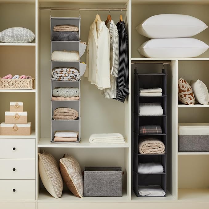 YOUDENOVA Hanging Closet Organizer and Storage, 6-Shelf Closet Hanging Storage Shelves, Light Grey