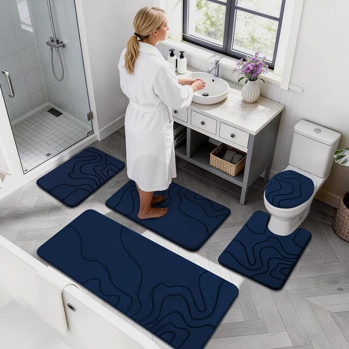 YIHOUSE Memory Foam Bathroom Rugs Sets 3 Piece - Extra Thick Ultra Soft Absorbent Bath Mat Set, Non-Slip Machine Washable Bath Rugs for Bathroom, Tub & Shower, Home Decor Accessories, Dark Blue