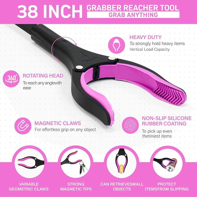 38" Extra Long Grabber Reacher Tool – 2 Pack Foldable Reacher Grabber Pickup Tools with 360° Rotating Jaw & Magnet - Heavy Duty Pick Up Grabbers for Seniors, Trash, Surgery Recovery (Pink Pink)