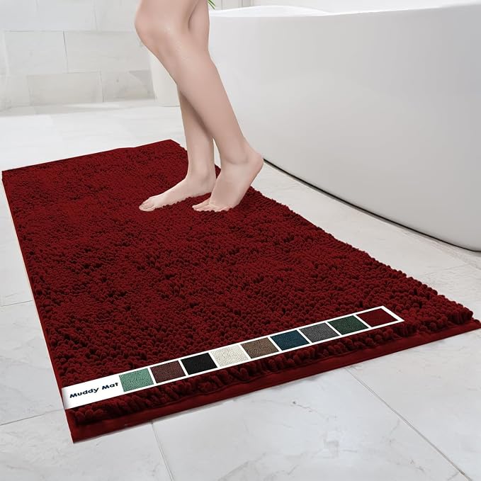 Muddy Mat® | Chenille Bathroom Rugs Quick Dry Microfiber Mats Non Slip Washable, Extra Thick, Soft and Highly Absorbent Bath Mats for Bathroom, Kitchen, and Shower Floor - Red 36"x60"