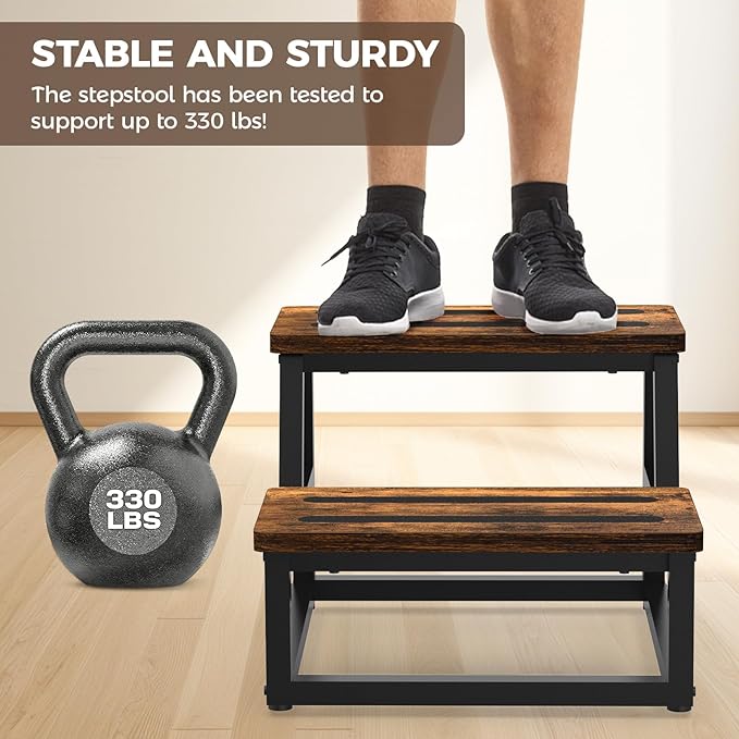 Step Stool, NomNest 2 Step Wooden Ladder Metal Foot Stool Wide Kitchen Stool Helper for Toddler Adults Seniors, Ladder Chair for Home Bedside Bathroom Sink Potty
