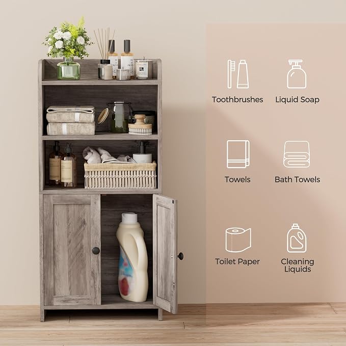 Homhedy Small Bathroom Storage Cabinet, Freestanding Toilet Paper Storage with 2 Doors and Shelves, Bathroom Organizers and Storage for Small Spaces, Laundry Room, 7.9" D x 14.6" W x 31" H, Greige