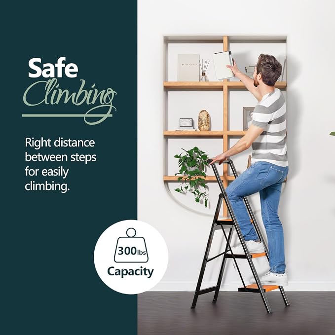 WOA WOA 3 Step Ladder, Ladders for Home, Anti-Slip Pedals, Aluminum Step Stool Foldable, Lightweight to Move, Ease of Storage, Reach 8ft for Closet Kitchen Library, Hold 300lbs - Black&Wood Grain