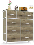 9-Drawer Dresser for Bedroom, Anti-Tip Tall Storage Organizer Chest of Drawers with Wooden Top and Metal Frame Fabric Bins for Closet, Living Room, Hallway, Entryway, Greige Oak
