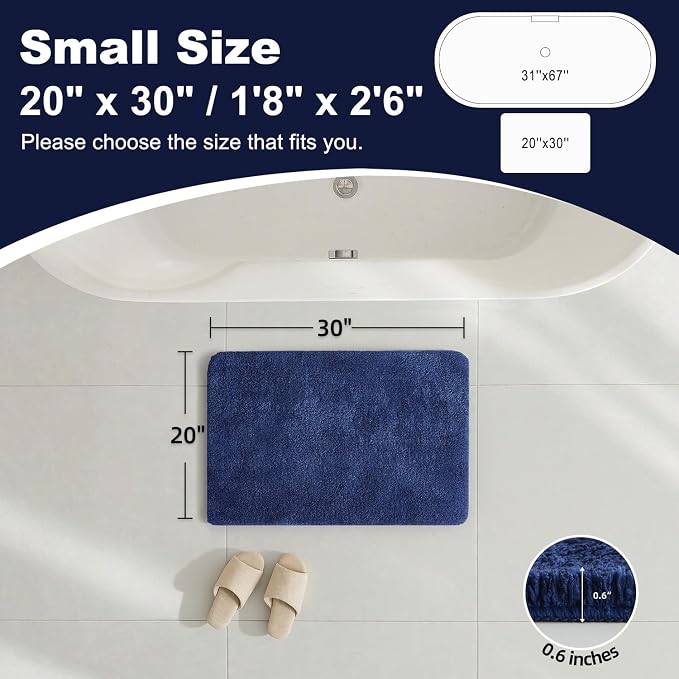 TYUU Navy Blue Bathroom Rugs, Ultra Soft Bath Rugs Non Slip Washable, Super Absorbent Quick Dry Bath Mat with Rubber Backing for Bathroom Floor, Shower, or Sink, Navy Blue 20" x 30"