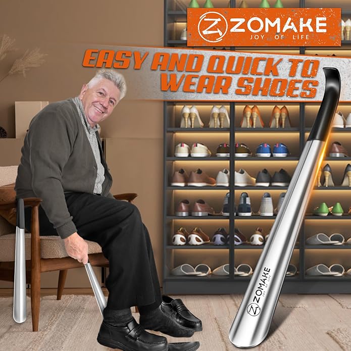 ZOMAKE Shoe Horn Long Handle for Seniors Men Women,Metal Long Shoehorn Boot Horn,16.5" Stainless Steel Shoe Spoon Helper