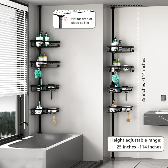 DAOYA Corner Shower Caddy Tension Pole - 4 Tier Stainless Steel Rustproof Shower Corner Caddy for Bathtub Bathroom Shower Organizer Shelves Adjustable Pole 25-114.2 Inch Black