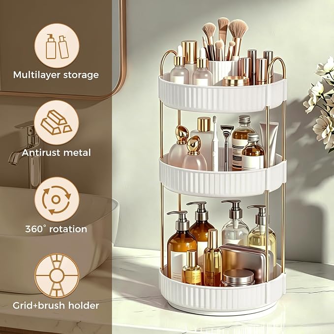 360° Rotating Makeup Organizer, Upgraded 3 Tier Skincare Perfume Organizers for Women, Bathroom Organizer Countertop, Clear Cosmetic Dresser Organizer with Makeup Brush Holder, Sink&Counter(White)