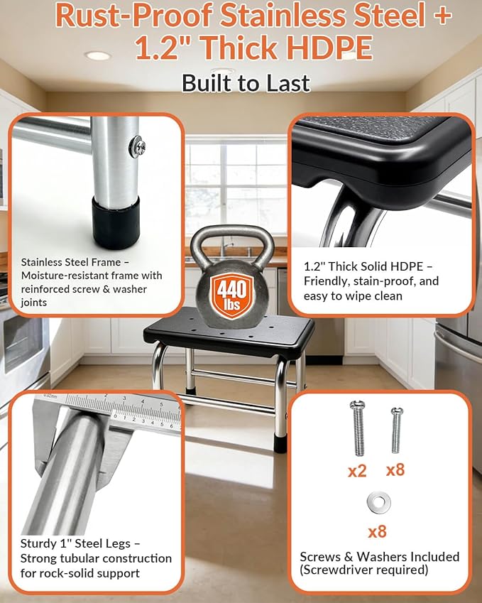 Step Stool, 440 lbs Heavy Duty Stainless Steel, Non-Skid HDPE Platform for Adults, Lightweight Portable Foot Stool for Kitchen Bathroom Bedroom RV Home Office