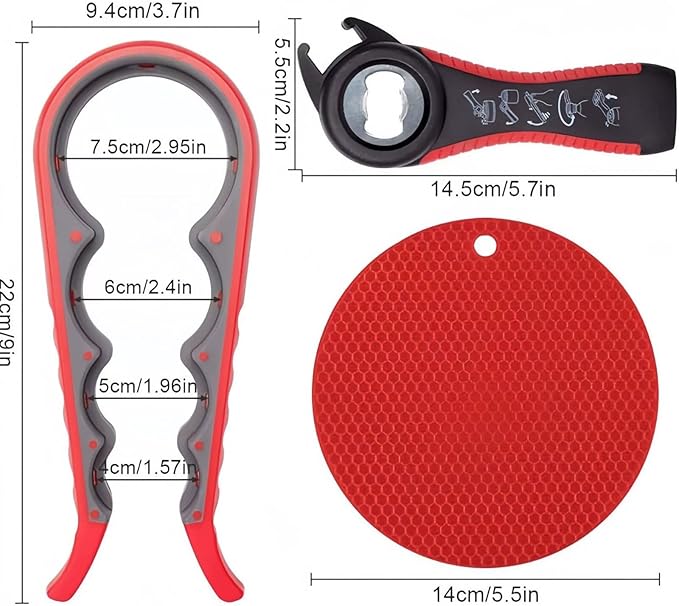 3-Piece Jar & Bottle Opener Set for Seniors, Non-Slip Silicone Grip Mat, Ergonomic Kitchen Gadget (gray)