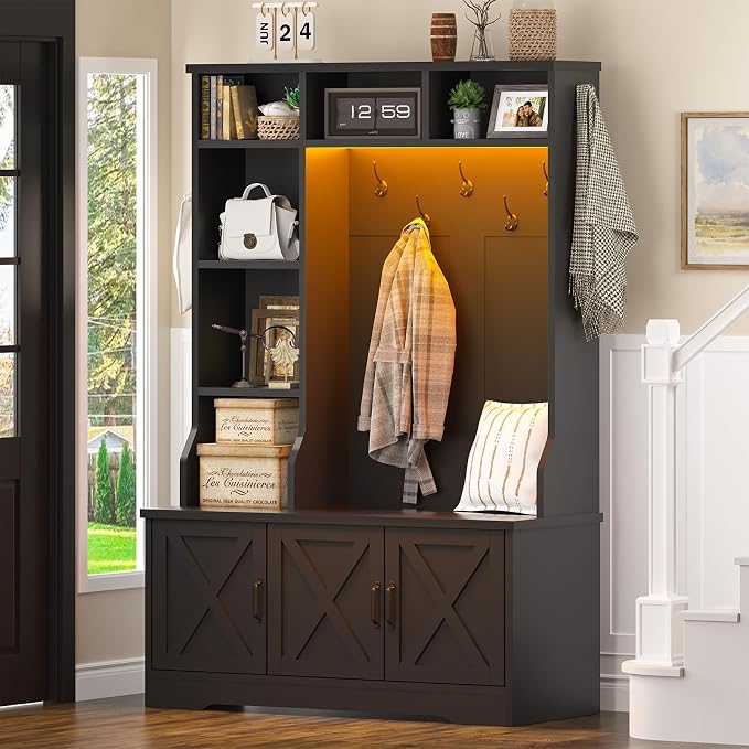 CSZZD Hall Tree with Bench and Shoe Storage, Farmhouse Entryway Bench with Coat Racks and Led Lights, Black Tall Hall Tree with 7 Coat Hooks, 6 Storage Cubbies, Adjustable Shelf